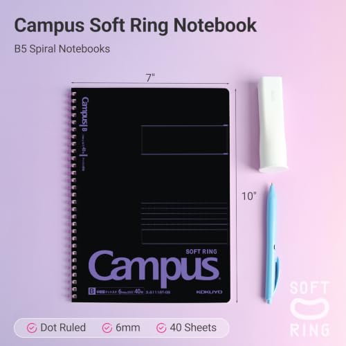 Image of KOKUYO Spiral Notebook Journal, Black 3 Pack Campus B5 Soft Ring Notebooks with Dotted B 6mm Rule, 40 Sheets, 1 Subject Notebook in Red Purple Green, College Office Note Taking. Japan Import