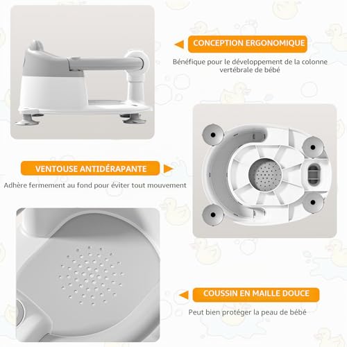 Siège de bain bébé 6 mois et plus gris avec coussin et ventouses - 4