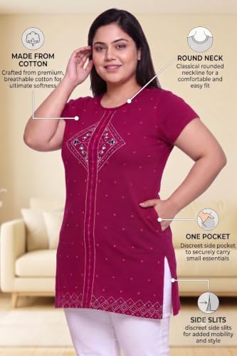 Image of Women Printed Cotton Tshirt with Side Slits & Pocket