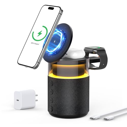 Haut-Parleur Bluetooth 3-en-1 avec veilleuse et Chargeur sans Fil, Lampe de Chevet réglable avec Station de Charge à Induction – Compatible avec iPhone...