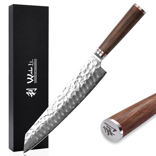 Wakoli Damast Kiritsuke Chefmesser – 20 cm Klinge aus 67 Lagen VG10 Damaststahl mit Hammerschlag, ergonomischer Nussbaumholzgriff, Profi Kochmesser in Geschenkbox für Hobbyköche & Profis