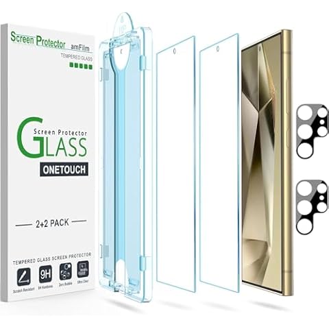 amFilm Auto-Alignment OneTouch for Samsung Galaxy S24 Ultra 6.8'' Screen Protector + Camera Lens Protector, Tempered Glass, 30 seconds Installation, Bubble Free, Case Friendly, Anti-Scratch [2+2 Pack] Cover