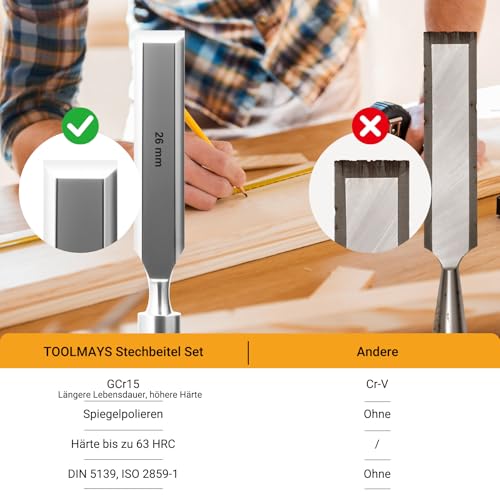 TOOLMAYS Stechbeitel Set für Holz, 6-teiliger Stemmeisen Set mit Schleifstein, Holzmeiselset Härte bis zu HRC 63
