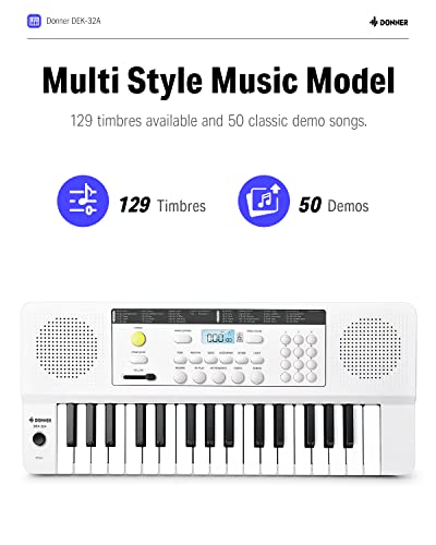 Image of Donner 32 Key Keyboard Piano, DEK-32A Mini Electric Keyboard for Beginners, Small Portable Electric Piano with LED Light Keyboard Teaching Mode, White