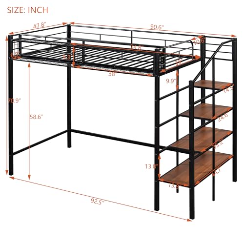 Image of Bellemave Twin Size loft Bed with Storage Stairs and Upper Grid Storage Shelf, Metal Twin Loft Bed Frame for Adults, Kids, Teens, Black