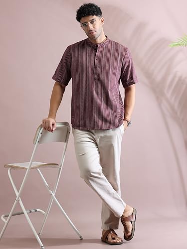 Image of Filori Lurex Checks Design Short Kurta | Pure Cotton | Half Sleeves | Mandarin Collar