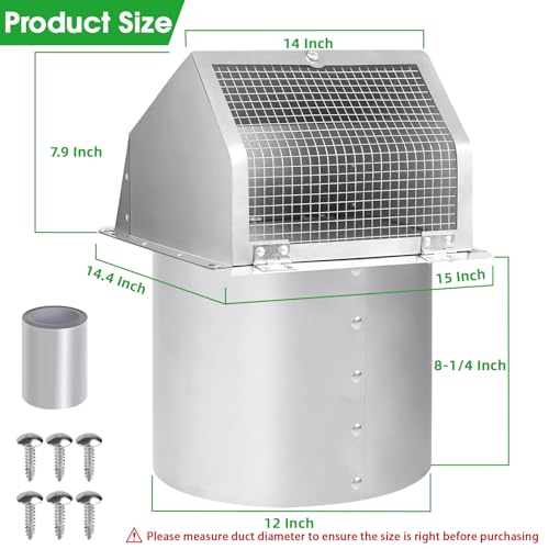 12 Inch Hooded Wall Vent with Screen and Damper,Outdoor Wall Exhaust Vent Cover Cap for Exterior HVAC Duct Industrial Facilities Kitchen Range Hood Dryer Ventilation and Air Exhaust,Stainless Steel by JYINCPED - Image 2