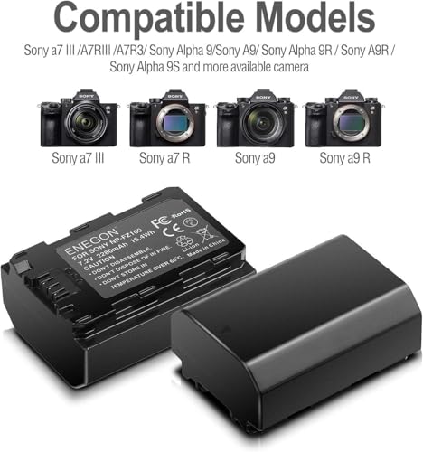 ENEGON 2X Sony NP-FZ100 Batería de Repuesto con Cargador de Pantalla LED para Sony Alpha 9, Sony Alpha 9R, Sony A9, Sony A9R, Sony Alpha 9S, Sony A7III, Sony A7RIII, Sony A7R3, Sony A7R4, Sony A7RIV. - imagen 3