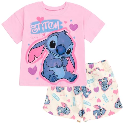 Disney Lilo & Stitch Little Girls T-Shirt and Dolphin French Terry Shorts Outfit Set Spray Paint 7-8