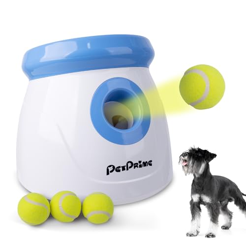 Pet Prime Automatische Ballwurfmaschine für Hunde mit 3 Distanzen (3m-9m) Inkl. 3 Robusten Tennisbällen (5cm) Ideal für Kleine Hunde (Mini-Werfer)