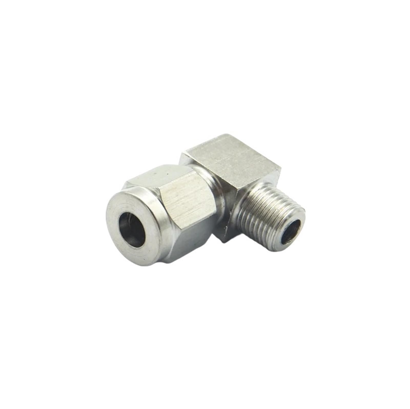 Rácor en codo de acero inoxidable M10x1 para virola de 10mm