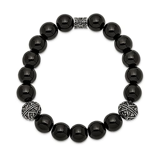 Ice Carats Stainless Steel Vintage 10Mm Black Agate Beaded Stretch Bracelet Adjustable Wrap Natural Stone Shell Wood Fashion Jewelry For Women Gifts For Her #TOP1