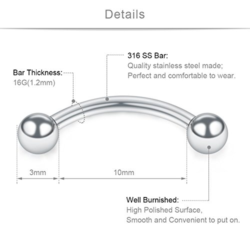 SCERRING 16 Gauge 10mm Curved Barbell Eyebrow Belly Lip Tragus Ring Piercing Jewelry2
