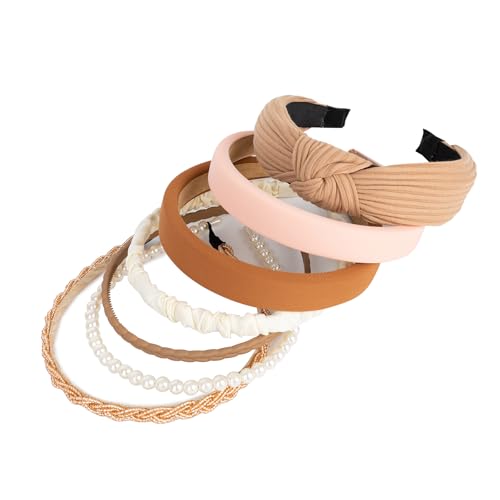 7 Pack Headbands for Women Fashion,Wide Headband Trendy Non Slip Girls Pearl Head Bands,Neutral Multi-style Hairbands Hair Accessories Christmas Gifts For Thin Thick Hair Wash Face SPA ( Brown )