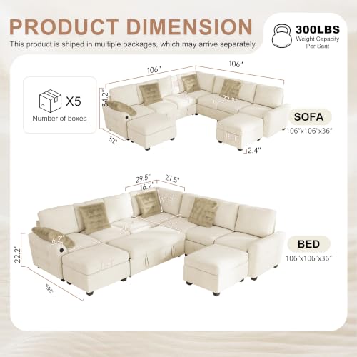 Image of Hanherry 106 inch Sectional Sofa with Pull Out Couch Bed,7 Seat Corduroy Sleeper Sofa with 2 Seat Storage & USB Charging,Storage Ottoman,Comfy Modular Couches for Living Room,Apartment