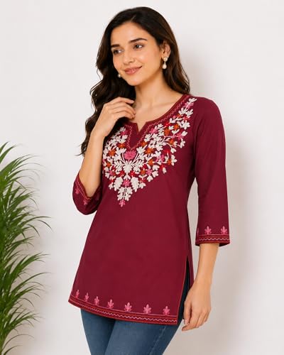 Image of Women's Gulnar Pure Cotton Kashmiri Embroidered A-line 3 /4 Cuff Sleeves Kurti | Short Kurta