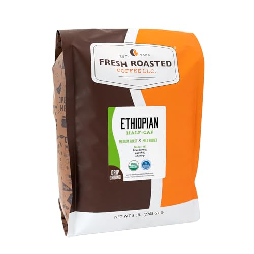 Image of Fresh Roasted Coffee, Organic Ethiopian Water-Processed Half-Caf Drip Ground Coffee, Medium Roast, USDA Organic, 100% Single Origin, Kosher, 5 lb (80 oz)