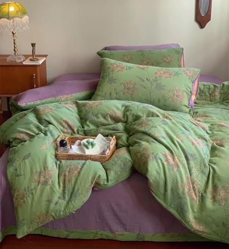 Image of VM VOUGEMARKET Linen Cotton Jacquard Duvet Cover Queen,3 Pcs Yarn-Dyed Textured Duvet Cover Set Green Purple Floral Bedding Breathable, Natural Wrinkled Look-No Comforter