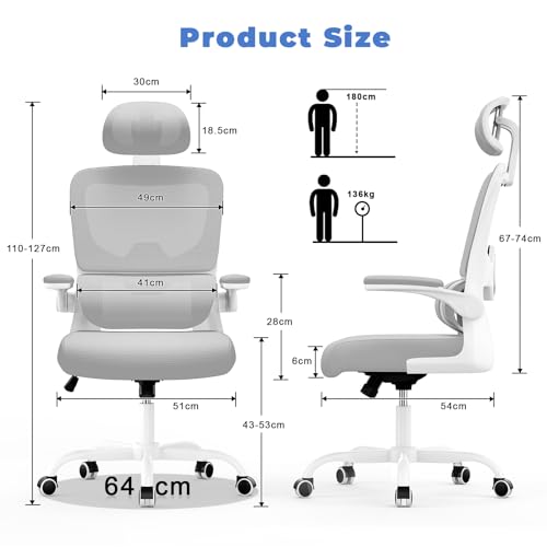 Sedia Da Ufficio Ergonomica Con Supporto Lombare Adattativo a Forma Di C, Poggiatesta Regolabile, Braccioli Ribaltabili, Sedia Da Ufficio a Rete Traspirante per Scrivania, Casa,Bianco-Grigio - Sedia gaming - Immagine 1