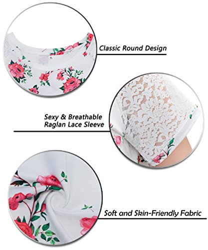 Tiyomi Plus Size Tunic Tops Lace Raglan Short Sleeve Summer Round Neck Raglan Pink Floral Colorblock Casual Loose Fit Shirt White 3Xl 22 24 Plus #TOP3