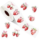 JarThenaAMCS 1000Pcs Strawberry Coquette Sticker Watercolor Pink Bow Paper Decal 8 Designs Fruit Adhesive Sticker Label for Reward Envelope Scrapbook DIY Supplies, 1.5 in