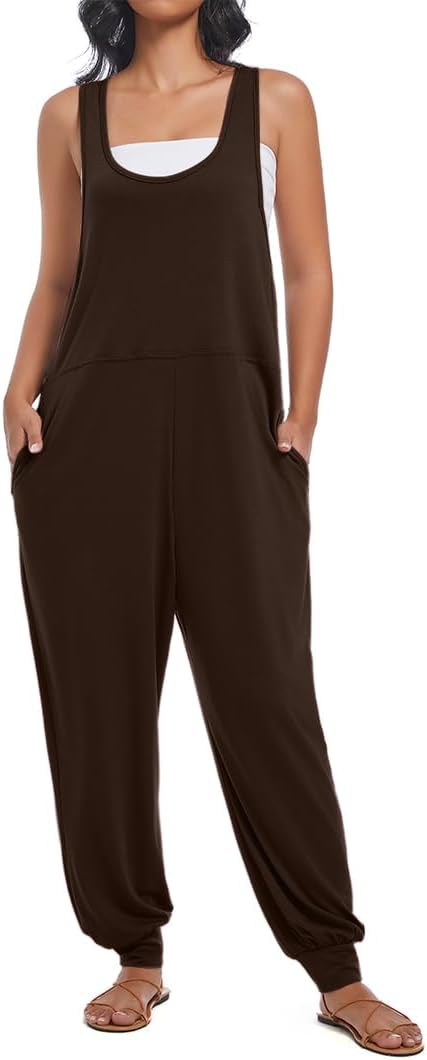 Btaiuo Women's Summer U Neck Jumpsuit Casual Sleeveless Overalls Loose Long Pants Comfortable Rompers with Pockets