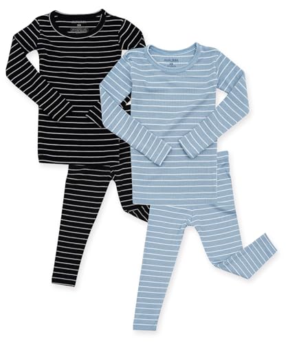 AVAUMA Toddler Pajamas 6M-10Y Stripe Pattern Baby Boys Girls Pjs Set Kids Snug fit Ribbed Sleepwear For Daily Life Style (D.Blue+Black 2T) (2Pack-Long)