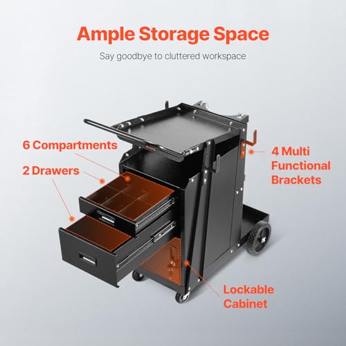 Image of VEVOR Welding Cart, 2 Drawers Welder Cart Heavy Duty with Anti-Theft Lockable Cabinet, 350LBS Static Weight Capacity, 360 Swivel Wheels, Tank Storage Safety Chains for MIG TIG Welder, Plasma Cutter