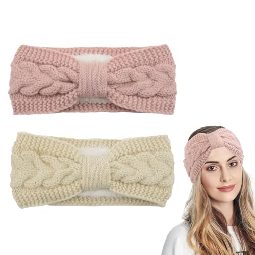 ZORVYN - ZORVYN Bandeau Cheveux, 2 Pièces, Élastique et Épais, Chauffe-Oreilles Avec Doublure en Peluche, Pour Hiver, Dames/Femmes/Filles, Bandeau Fille (Blanc + Rose)