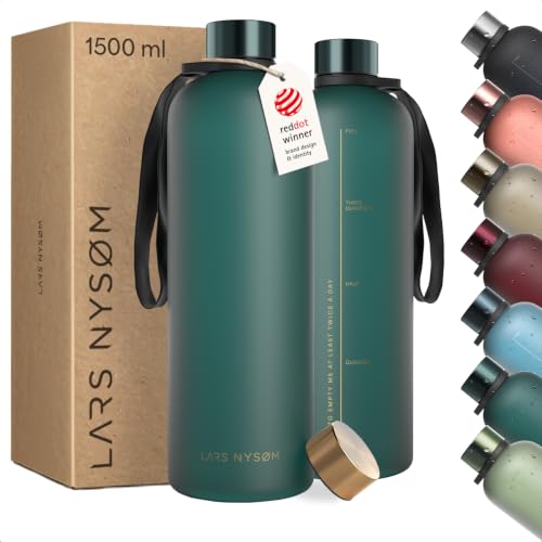Image of LARS NYSOM Water Bottle 51oz | Drinking Bottle 1.5Liter | Ultralight Tritan Sports Flask leak-proof | Ideal for sports, office, yoga | 2 lids included (Green /Gold, XL 50.7oz)