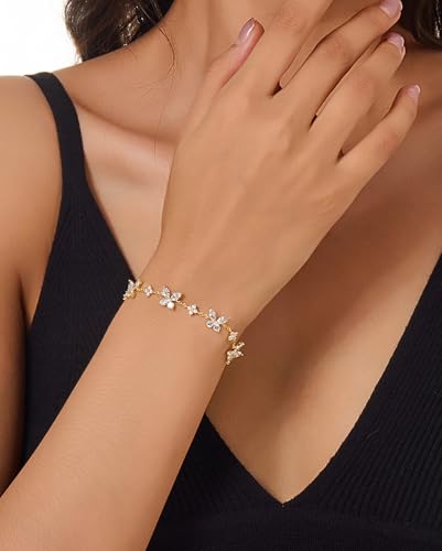 Dainty Gold Silver Bracelet for Women Trendy Non Tarnish 14K Gold Plated Cubic Zirconia Bracelet Simple Butterfly Flower Cubic Zirconia Bracelets Jewelry Gift for Women