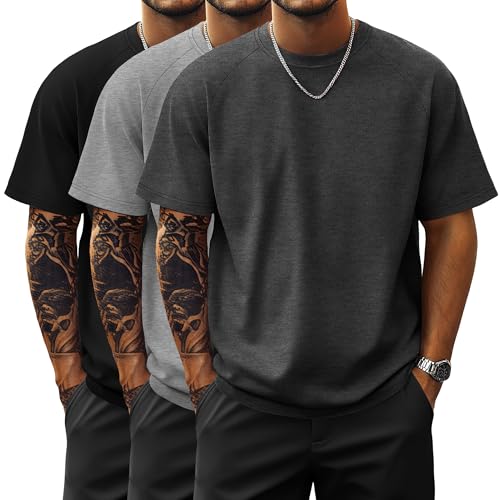 Ficerd 3 Pack Men's Big and Tall Raglan Short Sleeve T-Shirts, Side Split Summer 30% Cotton Crewneck Soft Basic Shirts