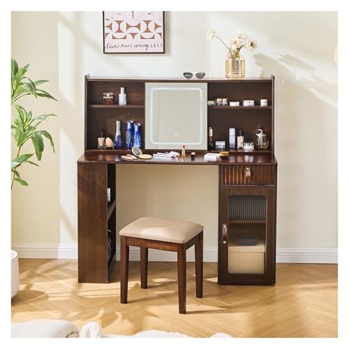 Elegant Makeup Vanity Desk with 3 Modes Adjustable Lighted Mirror,Modern Dressing Table Set Large Shelves, Drawer and Canbinet,Walnut