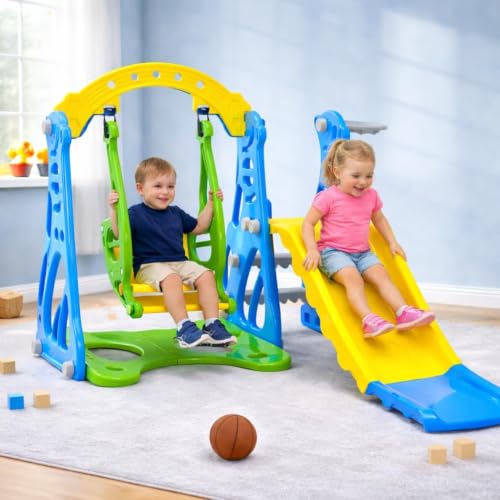 Image of Storio 3-in-1 Garden Slide & Swing with Basketball Hoop for Kids 2-5 Years | Indoor Outdoor Baby Slide Swing Combo | BPA-Free Plastic Playset for Boys & Girls | Easy Assembly - Blue Green & Yellow