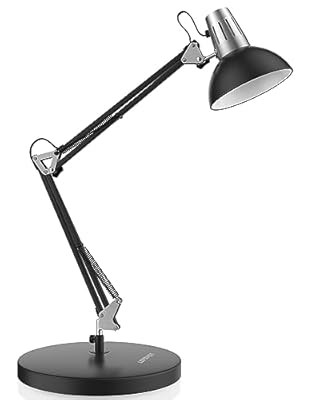 LEPOWER Metal Desk Lamp, Adjustable Goose Neck Architect Table Lamp with On/Off Switch, Swing Arm Desk Lamp with Clamp, Eye-Caring Reading Lamp for Bedroom, Study Room &Office (Black)