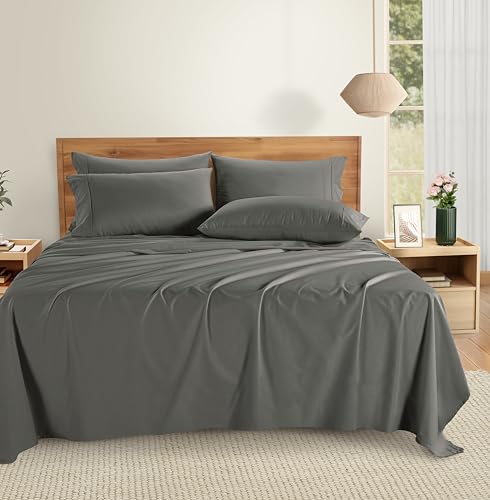 Casa Platino 100% Cotton Sheets California King Size Set - 6 Pieces (1 Flat, 1 Fitted, 4 Pillowcases) - Soft, Breathable & Cooling Percale Bed Sheets with Deep Pockets - Cal King Sheet Set - Dark Grey by Casa Platino - Used condition - Image 5