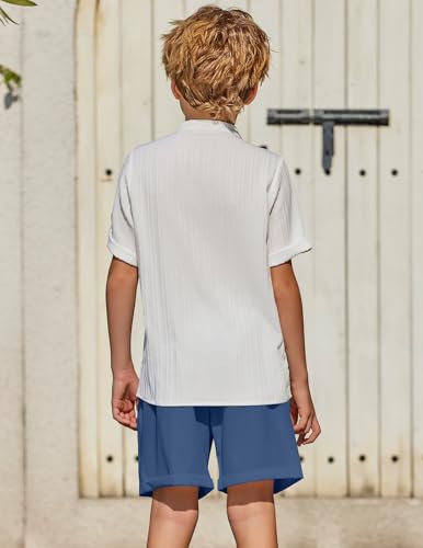 Image of Arshiner Boy's 2 Piece Beach Outfit Short Sleeve Textured Button Down Shirt and Short Sets Summer Vacation Wear 4-12 Years
