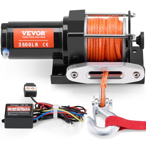 VEVOR ATV Winch, 3500 lb Electric Winch with Synthetic Rope, 12V DC ATV Winch 3/16 in x 39 ft Aluminum Fairlead Wired Remote Control, IP55 Waterproof for Towing Boat Off Road Recovery