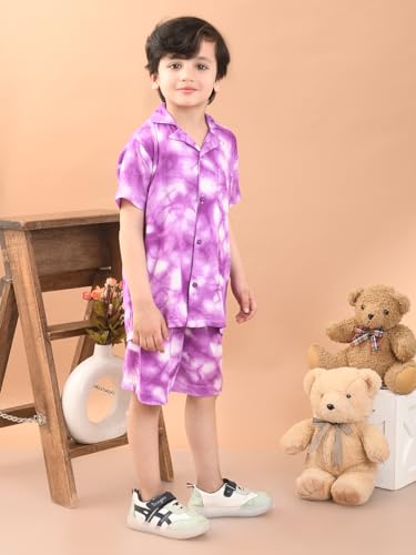 Image of superminis Baby Boys Rayon Tie-Dye Printed Co-ord Set With Notched Collar Shirt and Shorts