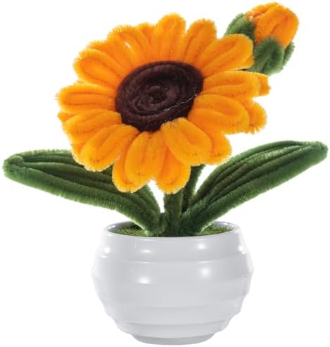 DuHouse Sunflower Artificial Flowers Pot,Handmade Pipe Cleaner Sunflower Small Potted Plant for Desk, Car Dashboard, Home & Office Decor for Friends & Family