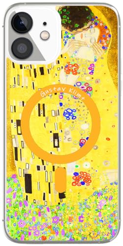 Berkin Arts Compatibile con Custodia per iPhone 12 Pro/iPhone 12 Cover Chiaro Trasparente [Compatibile con MagSafe], Fioritura leggera gialla (Gustav Klimt-Il Bacio)