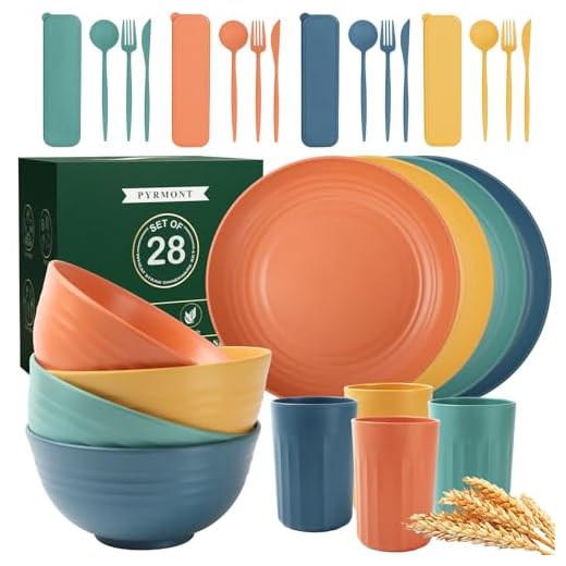 PYRMONT Wheat Straw Dinnerware Sets, Microwave & Dishwasher Safe Unbreakable Dinnerware Set-(28 PCS), Reusable Dishware Sets, Lightweight Camping Dishes, Plates, Cups, Cereal Bowls for 4