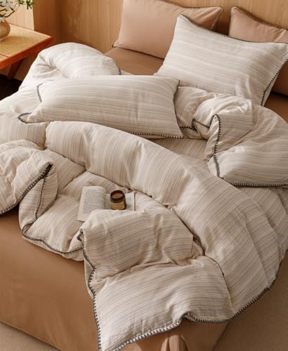 Image of VM VOUGEMARKET 100% Linen Cotton Duvet Cover Set Queen 3pcs Yarn Dyed Vertical Pinstripe Ticking Pattern Breathable Farmhouse Bedding Set - Purple Yellow Stripe, Queen Size