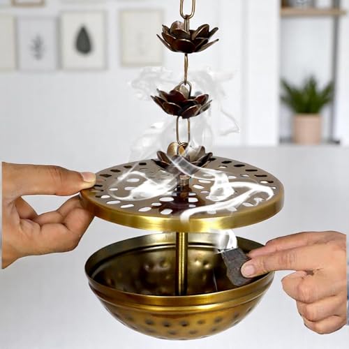 Image of Flower Hanging insence Burner | Dhuna Loban Burner Dhooni Dhoop Dhuni |Hanging Dhoop Batti Agardan Hanging Decor (Pack of 1) (Brass Antique /Bracket)