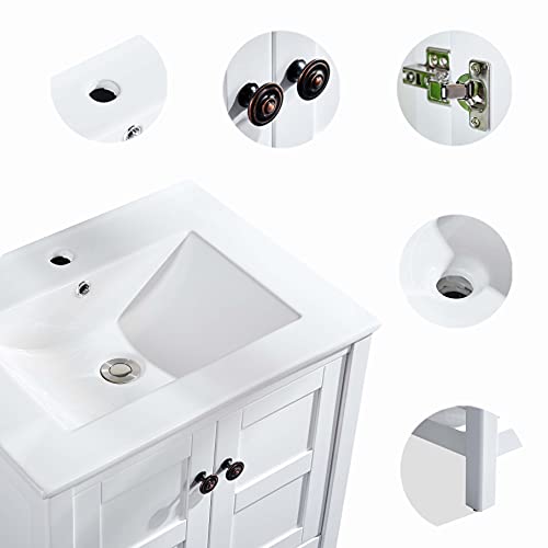Delavin 24" Single Modern Bathroom Vanity Set With White Undermount Vessel Sink, Free Standing, 2 Doors Wood Bathroom Storage Cabinet (White) #TOP4