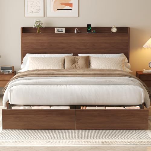 Walnut King Bed with Shelf and Charging