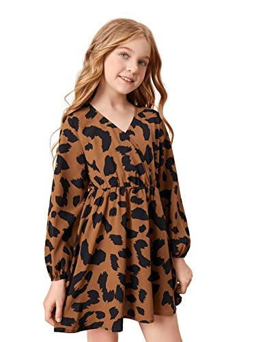 SOLY HUX Girl's Allover Print Surplice V Neck Bishop Long Sleeve High Waist Dress