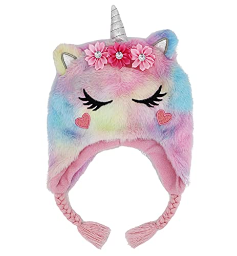 Kids Little Girls Unicorn Beanie Winter Hat Rainbow Faux Fur Plush Fleece Lined Earflap Cap2