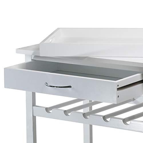 Rolling Wooden Pine Kitchen Storage Utility Cart on Wheels 4-Tier with Drawer, Removable Serving Tray, Open Shelf and 5-Bottle Wine Rack, White
