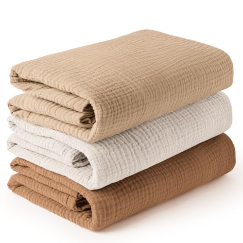 Image of Konssy 3 Pack Muslin Swaddle Blankets for Unisex, Newborn Receiving Blanket, Large 47 x 47 inches, Soft Breathable Muslin Baby Swaddles for Boys & Girls